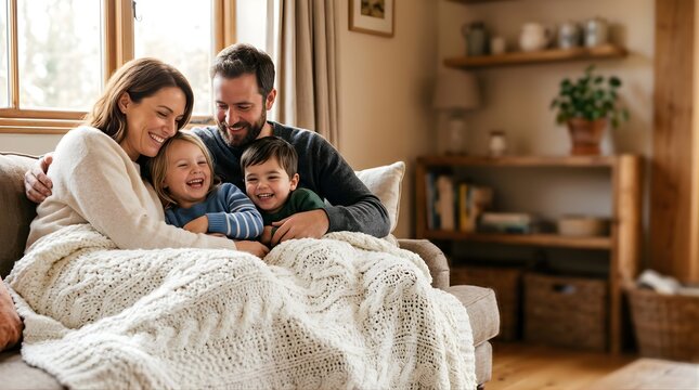 Happy young family laughing together on a sofa under a cozy knit blanket