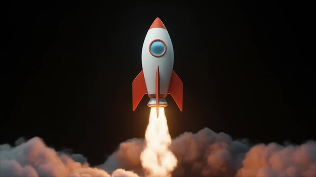 Cartoon-style rocket lifting off through thick clouds with fiery exhaust, dark background