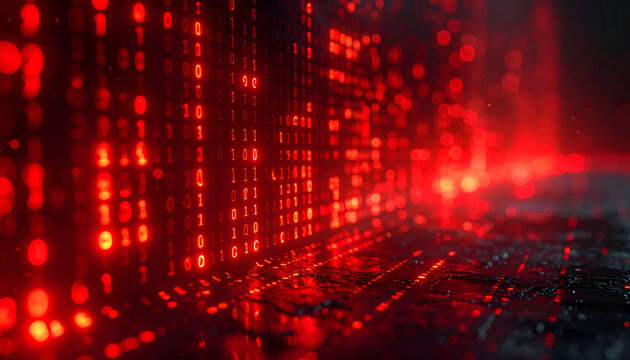Abstract Red Digital Matrix Grid Background with Glowing Lights.
