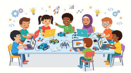Fototapeta premium Diverse Group of Children Learning Robotics and Computer Programming in a STEM Education Classroom with Laptops