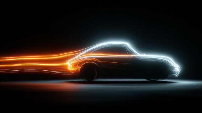 Minimalist light painting of a car silhouette with black and orange tones on dark background, long exposure abstract effect, simple automotive shape, elegant minimal composition, artistic motion