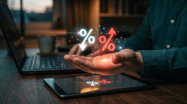 Interest Rate Fluctuations: A person's hands hover over digital displays showing rising and falling interest rate percentages, symbolizing the dynamic nature of financial markets and economic trends.