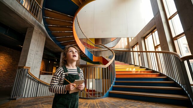 A young woman in an apron stands confidently in front of a vibrant spiral staircase indoors.