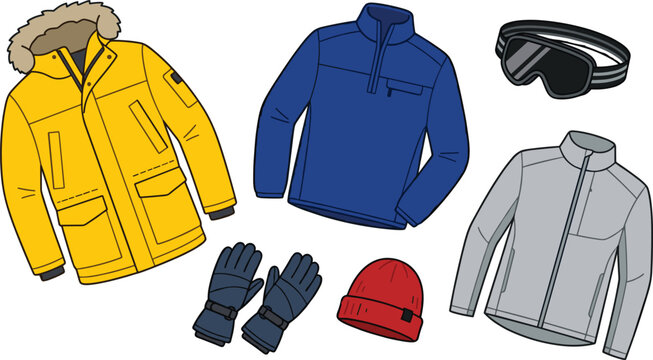 Vector collection of winter clothing and ski gear icons featuring yellow parka jacket blue fleece gray active zip sweater goggles gloves and red beanie