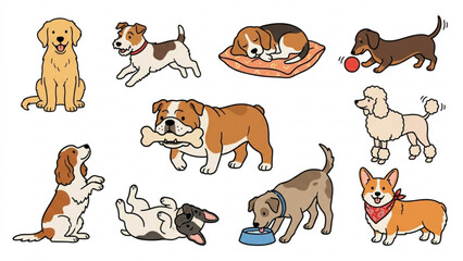 Fototapeta premium Cute Puppy Everyday Activities Clipart Collection – Playful Dogs, Happy Pets, and Fun Daily Moments