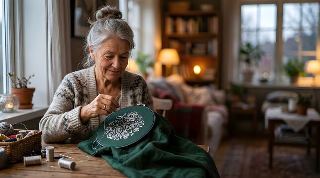 Senior woman embroidering floral patterns on green fabric at home table