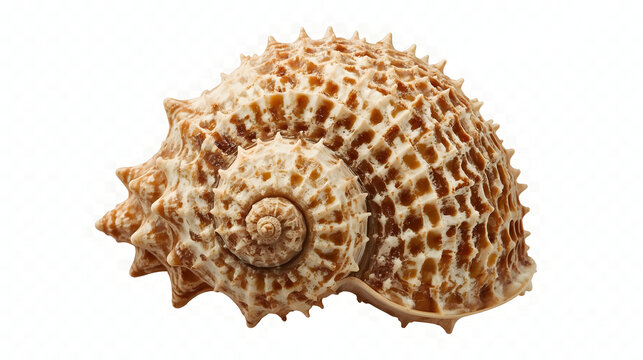Spiky brown and white murex seashell with textured spiral isolated on transparent background