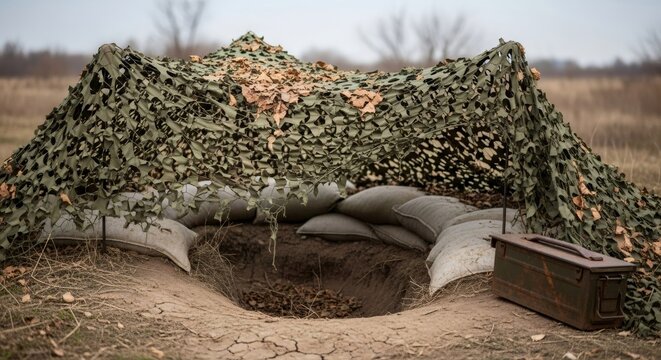 Soldier foxhole covered with camouflage netting on a field. Military fortification defensive position built from sandbag. Conflict and war survival concept. Battlefield defensive shelter.