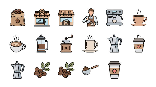 Coffee preparation tools and icons in a caf? setting