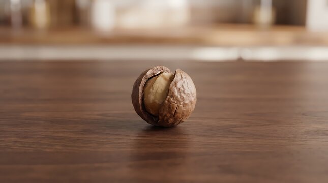 Brown walnut on wooden table surface with blurred kitchen interior in soft focus