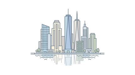 Obraz premium City skyline illustration with reflection and trees