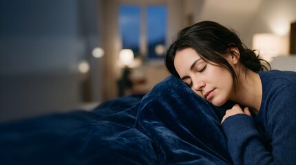 Obraz premium Tired young woman sleeping peacefully in her cozy bed at night