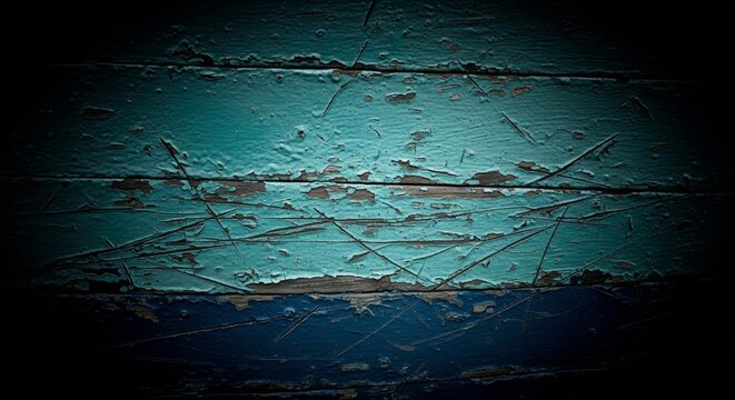 Macro photograph of a dark turquoise painted wooden ship hull showing saltwater erosion and sharp surface scratches