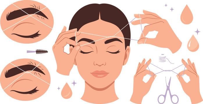 Eyebrow Threading Procedure Collection with Facial Hair Removal Beauty Salon Treatment and Brow Shaping Vector Illustration Set