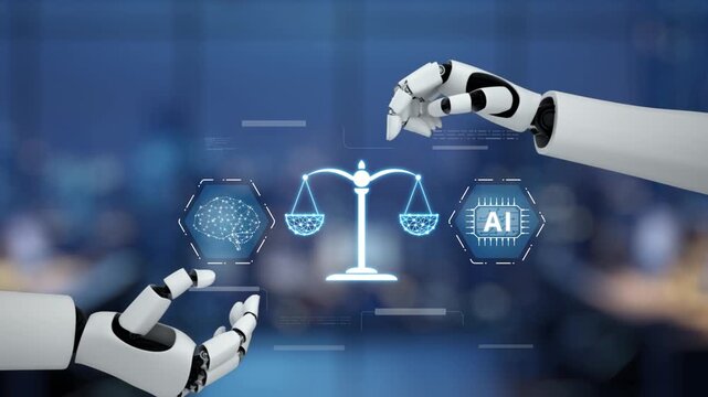 This image depicts a futuristic integration of artificial intelligence and robotics in the legal field, featuring balance scales and technology interfaces that suggest innovation in justice. Synapse