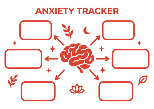 Anxiety tracker mind map with brain icon, arrows and blank boxes, red outline vector worksheet for mental health reflection, stress awareness and journaling.