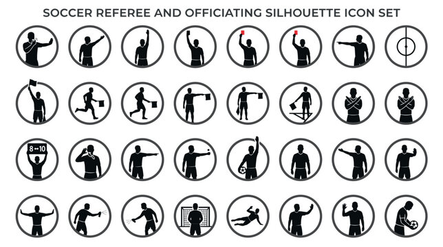 Minimalist vector black silhouette icon set featuring football referees