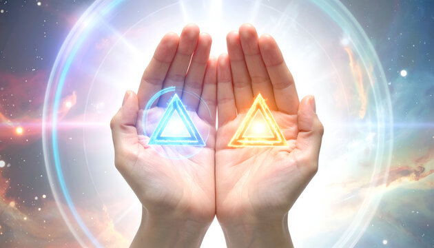 Hands holding glowing elemental triangles of fire and water.