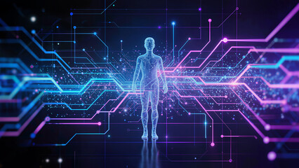 Naklejka premium Abstract human and artificial intelligence connection background, digital neural pathways, futuristic communication network, glowing technology particles, innovation concept,