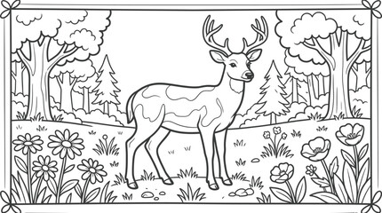 Deer in a forest glade with flowers coloring page © Sajminnahar