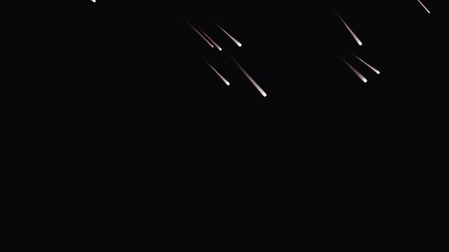 Shooting stars falling across dark night sky, creating a stunning meteor shower display. Celestial event with bright streaks of light descending rapidly through space.