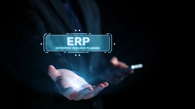 ERP platform visual showing centralized system for enterprise resource planning, improving integration, data flow, business efficiency, finance, inventory, and human resources. Elide