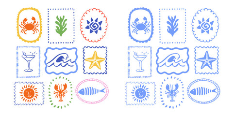 Coastal Summer Hand Drawn Doodle Icons Colorful t-shirt design © innni