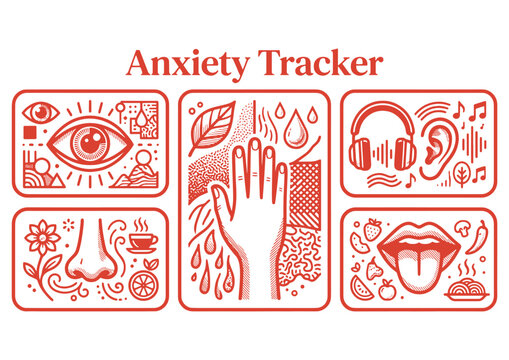 Sensory anxiety tracker with eye, hand, ear, nose and tongue icon cards, red hand drawn vector line art for grounding worksheet and therapy journal.