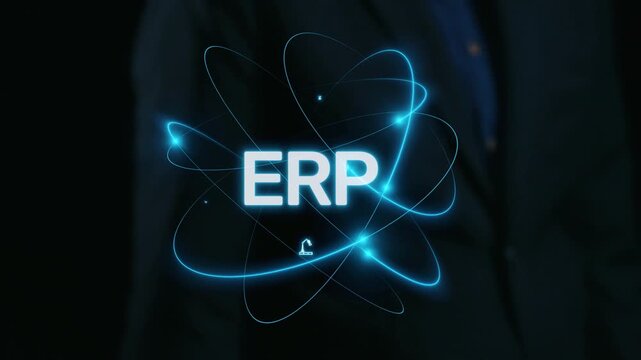 ERP platform visual showing centralized system for enterprise resource planning, improving integration, data flow, business efficiency, finance, inventory, and human resources. Elide