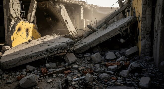 Ruined building interior after military attack showing concrete debris and damaged walls. Devastated urban zone and consequences of war. Global humanitarian crisis and catastrophic destruction.