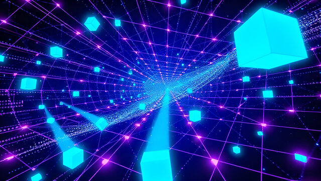 Deep Tech Visual: Enterprise Data Fabric - Dynamic Frame (Cyan & Violet Neon)