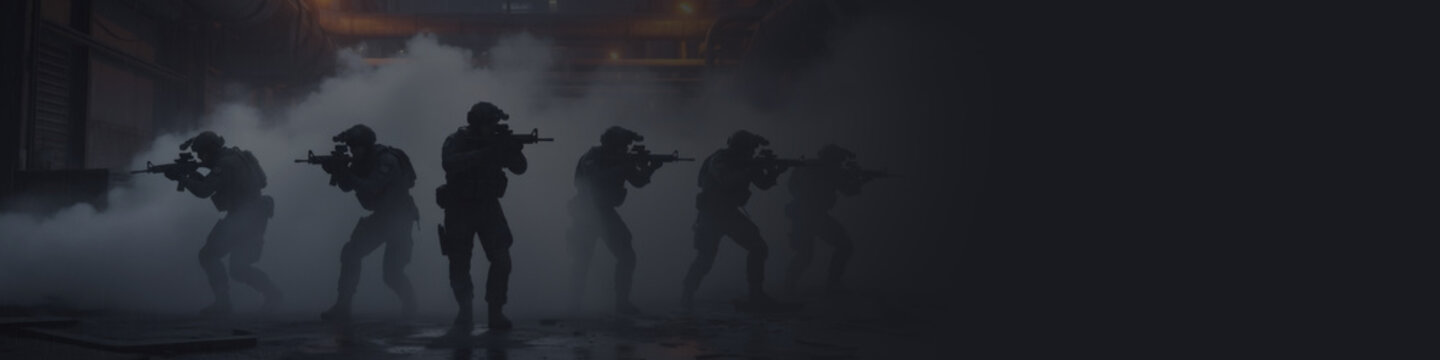 Soldiers in tactical gear advancing through smoke in a dark industrial zone. Military squad moving in formation with rifles drawn. Special forces team on a cover mission. Banner with copy space