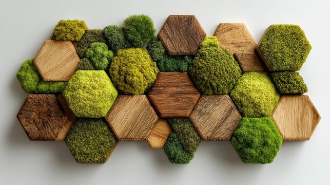 Top view of abstract oak hexagon wall installation with moss in varying green shades on white background, high-resolution modern geometric design, textured natural decor, artistic pattern composition