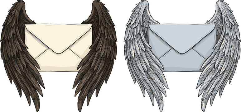 Winged Envelope Collection with Light and Dark Feathered Wings, Fantasy Message Symbols, Magical Mail Icons, and Mystical Correspondence Illustrations