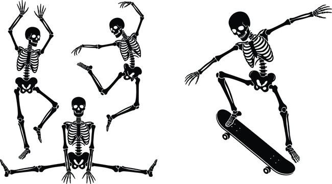 Dancing and Skateboarding Skeleton Collection with Halloween Skeleton Characters, Spooky Poses, and Skateboard Trick Silhouettes