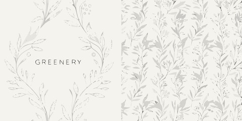 Fototapeta premium Floral ornament with sketched leaves and stems on a pale cream background botanical foliage plantlife