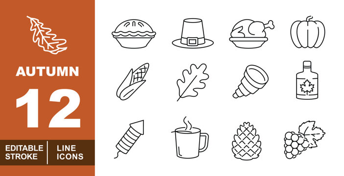 Thanksgiving Line Icon Set. Pie, hat, turkey, pumpkin, corn, leaf, horn, syrup, rocket, mug, cone, grape, harvest, autumn, dinner, feast, celebration, seasonal, holiday, food, dinner.