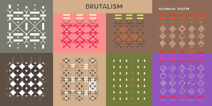 Brutalist geometric pattern posters a collection of eight abstract designs with varied color schemes architecture