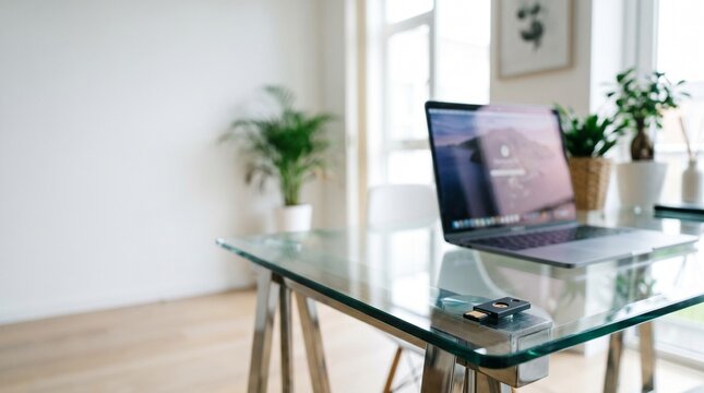 A minimalist home office setup with a laptop on a glass desk, plants, and natural light, perfect for remote work and productivity