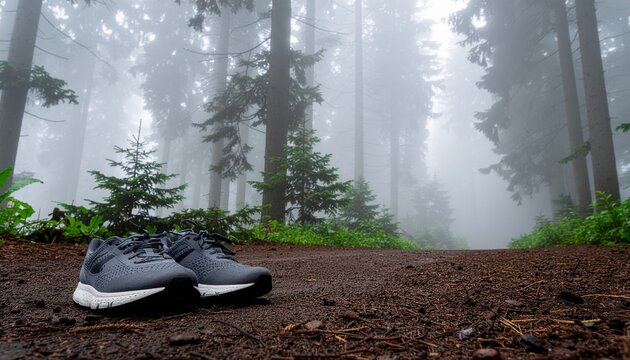 A pair of grey athletic shoes rests on a dirt path in a misty, coniferous forest, ready for a run or hike.