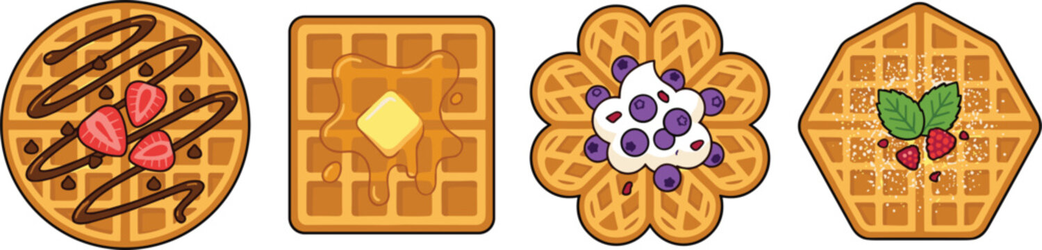 Vector collection of delicious sweet Belgian waffles featuring round square flower and heptagon shapes with various tasty toppings isolated on white background