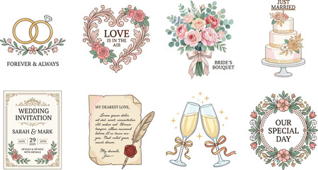Naklejka premium Elegant wedding illustration set featuring bridal bouquet rings invitation card vintage love letters champagne toast and celebration cake