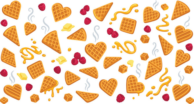 Seamless background vector pattern with sweet Belgian waffles heart shapes fresh raspberries dripping honey caramel cubes and butter isolated on white