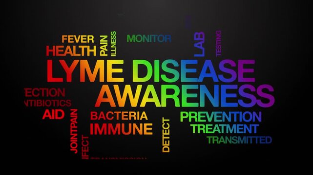 Lyme disease awareness concept Animated Tag Word Cloud kinetic typography, Text Design Animation typography seamless loop video motion graphics Intro Wordart tagcloud rainbow type on black background 