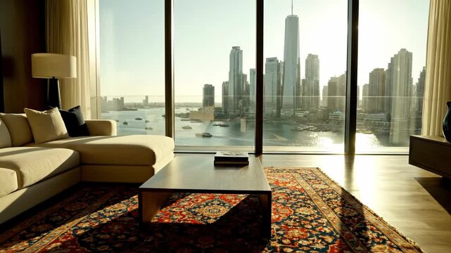 Sunlit modern living room with floor-to-ceiling windows overlooking the New York City skyline and One World Trade Center. Features include a sectional sofa, coffee table, and patterned rug.