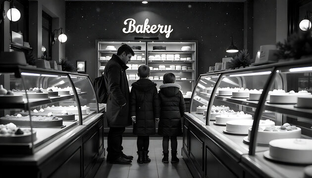 Customer browsing fresh pastries in modern bakery display case black and white candid photography