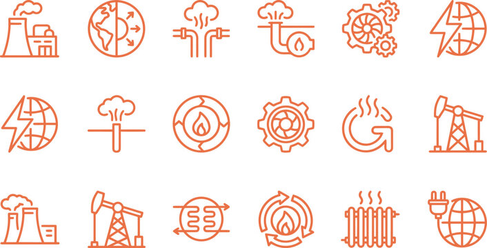 Minimalist orange vector illustration set featuring various industrial icons for renewable energy and power production
