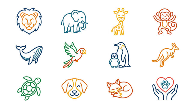 Colorful animal icons featuring various species in playful designs