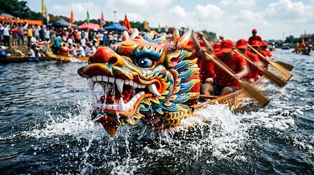 Dragon boat racing, colorful dragon head, rowing team, water sports, competition