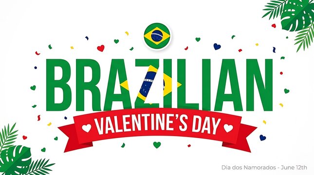 Brazilian Valentine's Day, Dia dos Namorados, green text, festive hearts, tropical leaves